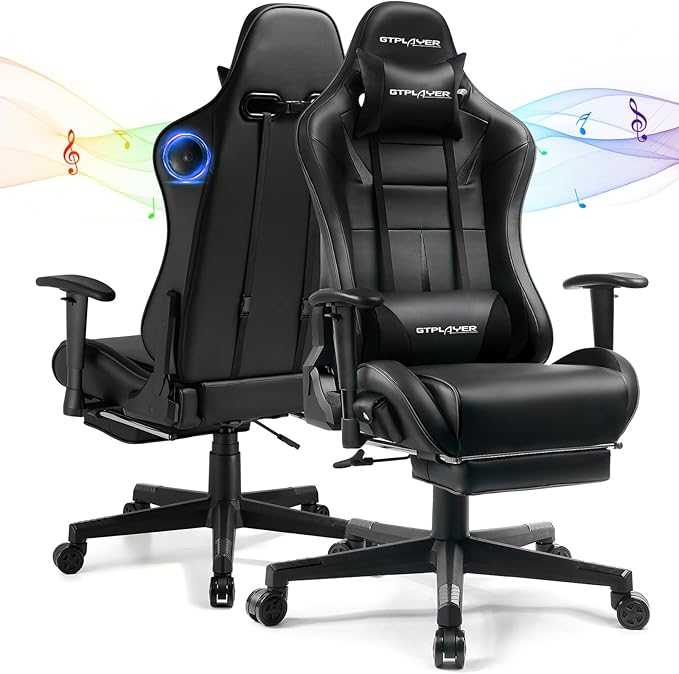 GTPLAYER Gaming Chair with Speakers Video Game Chairs with Footrest for Adults Ergonomic Computer PC Gamer Reclining Chair(Black)