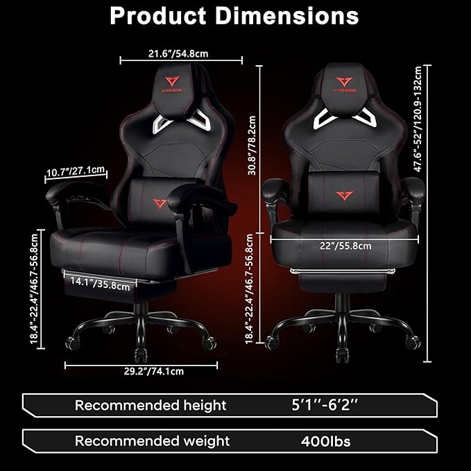 VITESSE Big and Tall Gaming Chair 400lb Weight Capacity with Footrest Ergonomic Video Game Chair for Adults with Oversized Headrest and Lumbar Pillow Computer Chair Gaming for Office (Black+Red)