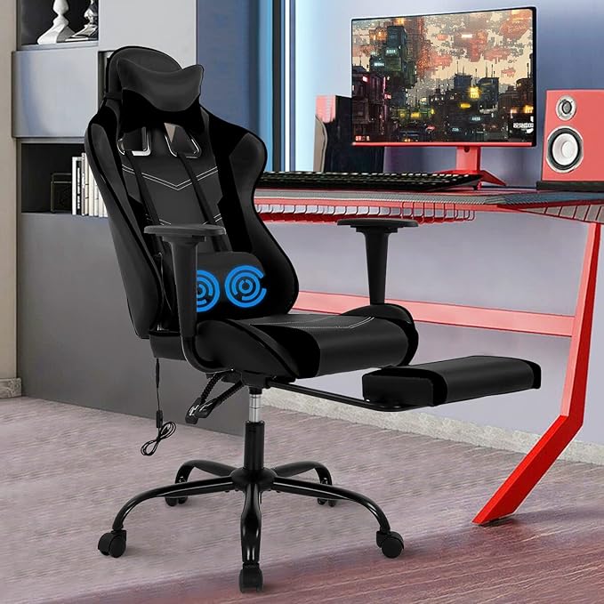 Massage Gaming Chair with Headrest and Footrest Ergonomic Gaming Desk Chair Lumbar Support Computer Game Chair Leather Video Gaming Chair Adjustable Gamer Chair for Adults Kids Black