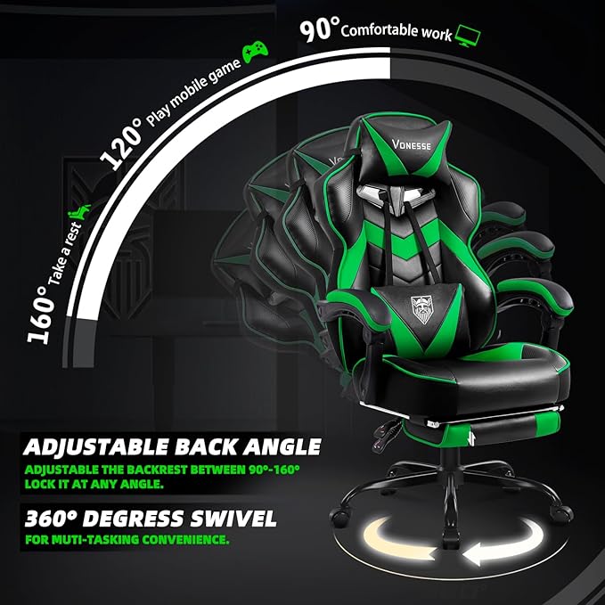 Vonesse Gaming Chair High Back Gaming Chair with Footrest and Massage Gaming Chairs for Adults with Pocket Spring Cushion Big and Tall Reclining Computer Chair with Lumbar Support (Green/Black)