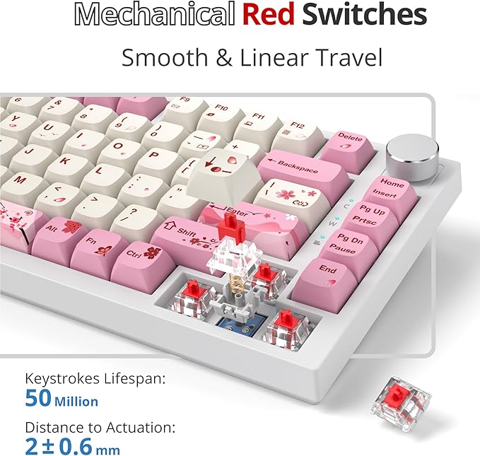 Fogruaden Wired 75% Percent Mechanical Keyboard RGB Backlit 75 Percent Gaming Keyboard Gasket Mount TKL Mechanical Keyboard Hot Swappable Red Switch NKRO Compact Pink Keyboard with Volume Knob