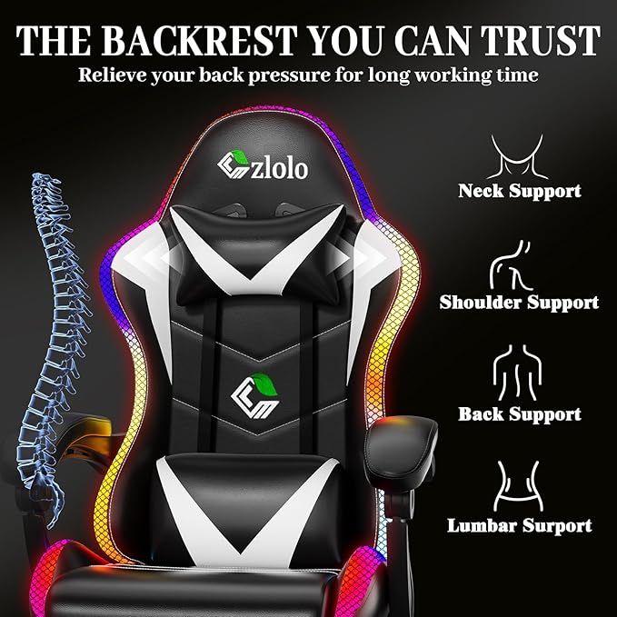 Gaming Chair Racing Style RGB LED Lights Gaming Chairs for Adults and Kids Lumbar Massager Gamer Chair High Back Reclining Computer Chair with Footrest and Headrest (Black/White)