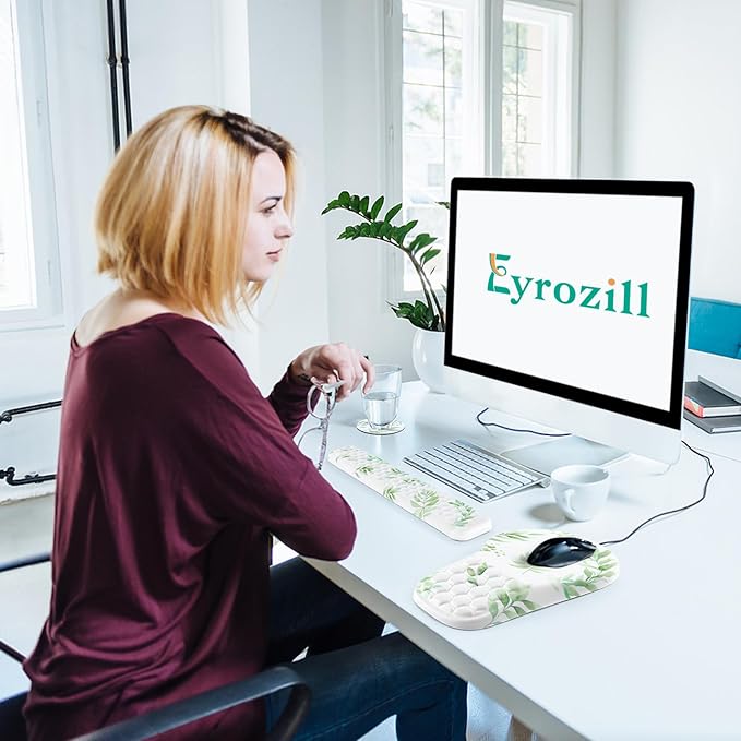 EYROZILL 3 in 1 Ergonomic Mouse Pad and Keyboard Wrist Rest Cute Mouse Pad with Wrist Support Massage Design Non-Slip Wrist Pad for Mouse Desk Mouse Set (Green Plant)