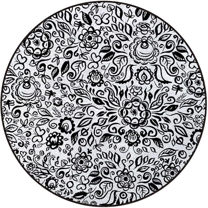 Black and White Round Floor Mat Doormat Non Slip Absorbent Carpet Yoga Rug for Entryway Bedroom Living Room Sofa Home Decor Lace Pattern with Flowers and Floral Diameter 39.4 in