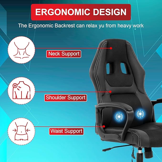Gaming Chair with Massage Function PU Leather Chairs Ergonomic Office Chair Executive Computer Chairs High Back Computer Task with Lumbar Support Adjustable Height Black
