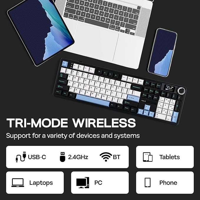 EPOMAKER X Aula F108 PRO Wireless Gaming Keyboard with Screen 8000mAh Battery 104 Hot-Swappable and Programmable Keys and Knob RGB Backlight for Mac/PC/Android (Blue&ampWhite&ampBlack)