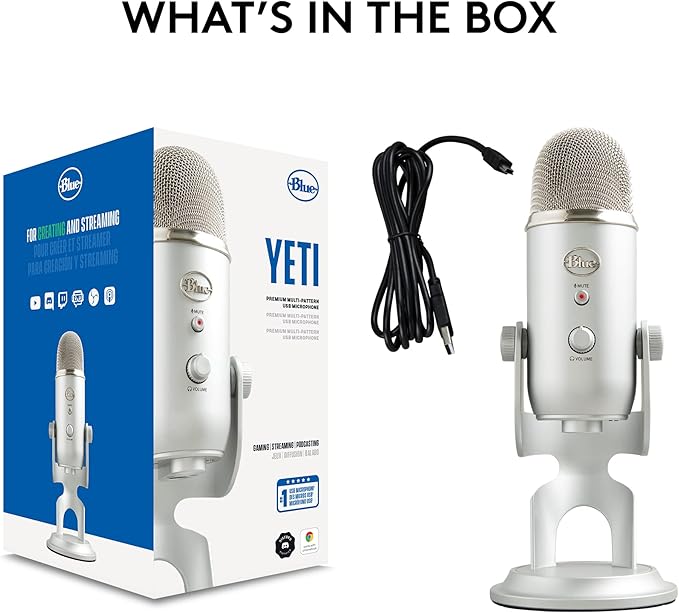 Logitech Creators Blue Yeti USB Microphone for PC Mac Gaming Recording Streaming Podcasting Studio and Computer Condenser Mic with Blue VO!CE Effects 4 Pickup Patterns Plug and Play - Silver