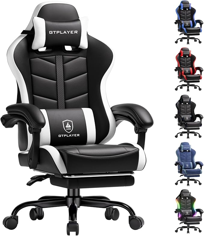 GTPLAYER Gaming Chair for Adults Ergonomic Computer Gaming Chair with Footrest Height Adjustable 90-155° Recline &amp Removable Headrest Lumbar Support Snow White