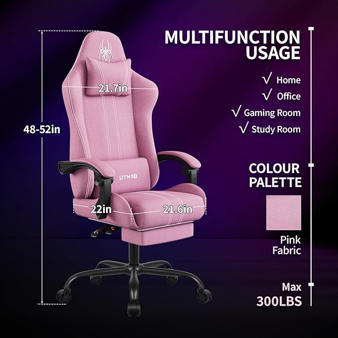 SITMOD Fabric Gaming Chair with Footrest-Breathable Computer Chair with Headrest &amp Lumbar PillowBig and Tall Ergonomic Gamer Chair for Heavy Adults22.44 Deep Seat Gaming Chairs for Adults(Pink)