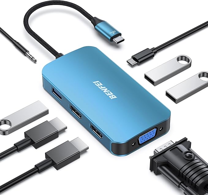 BENFEI USB C Docking Station 8-in-1 USB C Hub with Triple Display Dual HDMI VGA 3*USB 3.0 100W Power Delivery 3.5mm AUX Audio Compatible with MacBook Pro XPS and More