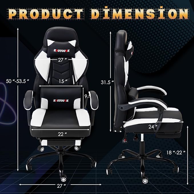 ECOTOUGE Gaming Chair with Footrest Big and Tall Silla Gamer with Massage Lumbar Support Ergonomic Gamer Chair with Reclining High Back 360° Swivel Gaming Computer Chair White