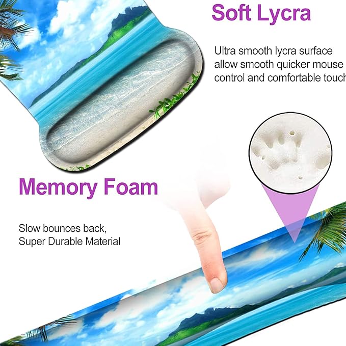 Keyboard Wrist Rest Pad and Ergonomic Mouse Pad Wrist Support Set Ocean Waves Coconut Trees on Sands Beach Seascape Scenery for Gaming Office Comfortable and Pain Relief with Coaster Set