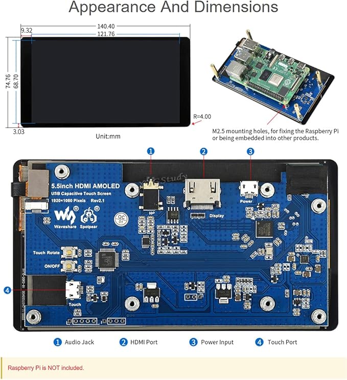 5.5inch 1080×1920 HDMI Capacitive Touch AMOLED Display for Raspberry Pi 4B/3B+/3A/Zero/Zero W/WH/Zero 2W CM3+/4 Jetson Nano/Windows 11/10/8.1/8/7 (5.5inch HDMI AMOLED)