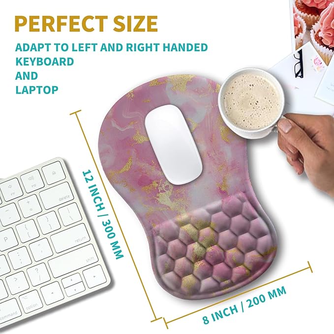 Hokafenle Ergonomic Mouse Pad Wrist Support Wrist Rest Mousepad for Carpal Tunnel Pain Relief with Integrated Memory Foam Slope Massage Bulge (11.8x7.9 inchPink Gold Marble