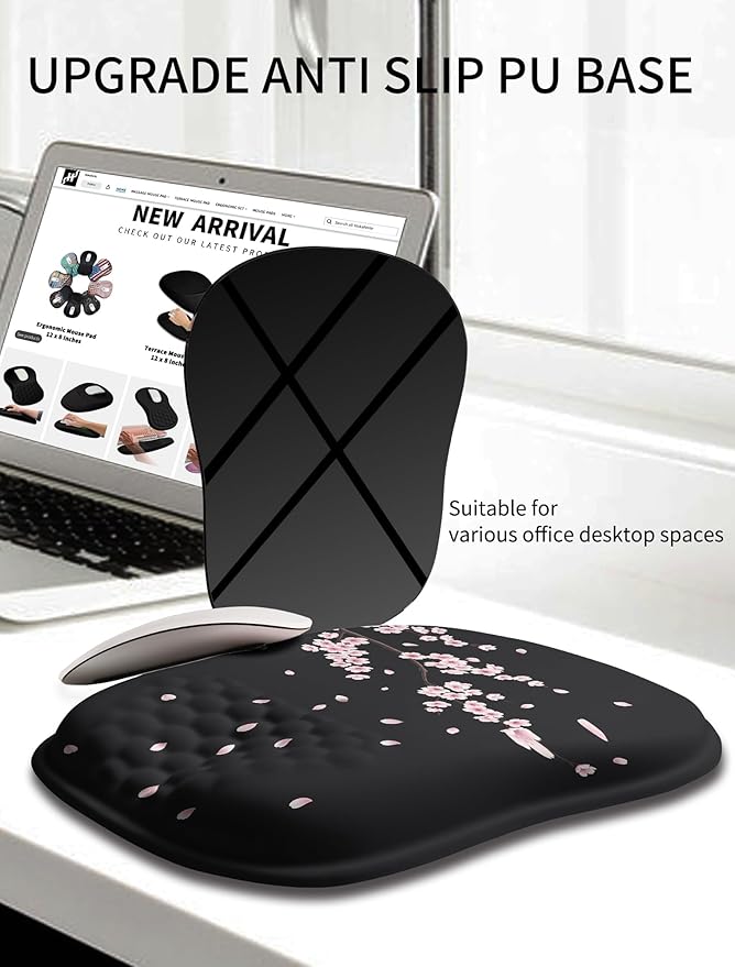 Hokafenle Ergonomic Wrist-hugging Mouse Pad Wrist Support U-shaped Holding Wrist Rest Mousepad for Carpal Tunnel Pain Relief with Cushioned Memory Foam Slope Massage Bulge (10.2x8.3 inCherryBlossom)