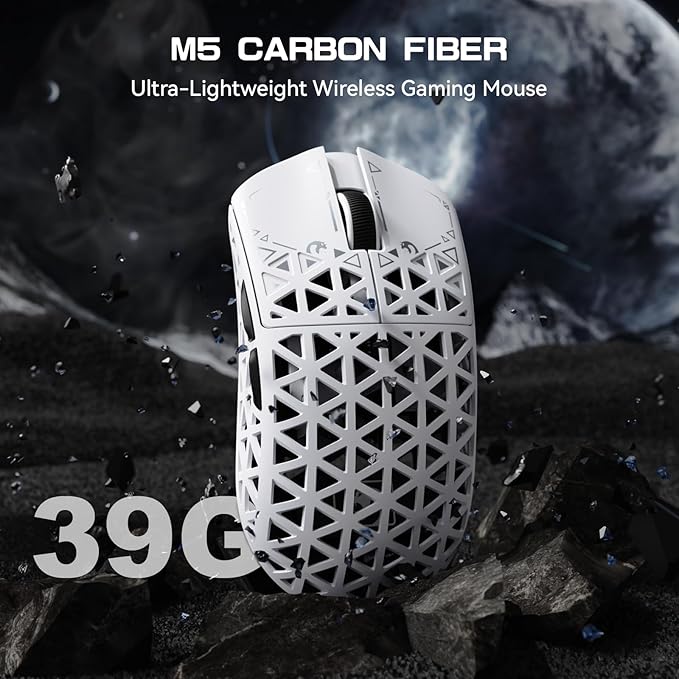 MAMBASNAKE M5 Ultra Carbon Fiber 8KHz Wireless Gaming MousePAW3950 Sensor 42K DPI39g Lightweight Tri-Mode 2.4GHz/BT/Wired Computer MiceWeb Driver Supportfor Win/Mac/FPS/MOBA/Esports-White (A)