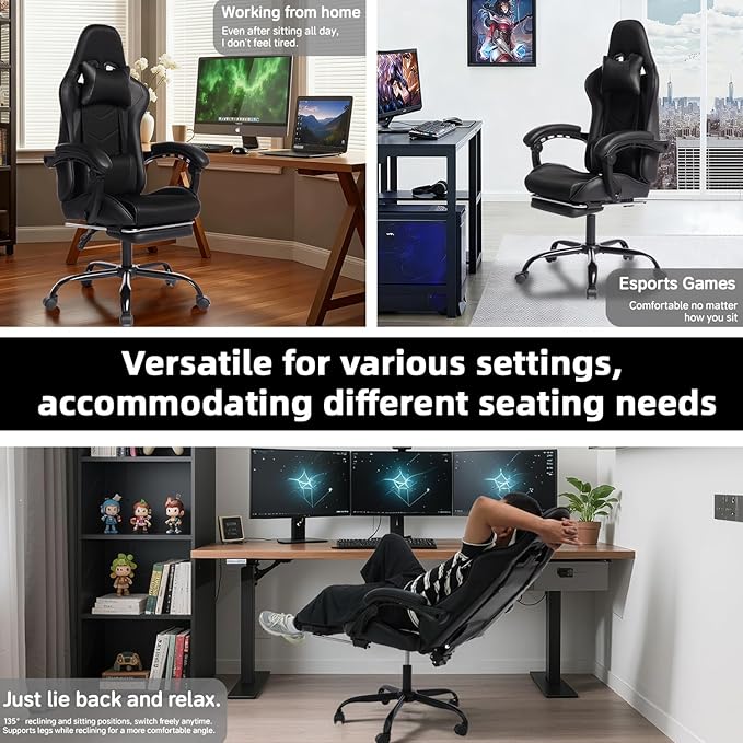 2026 Ergonomic Gaming Chair with Massage Lumbar Support &amp Footrest - Racing Style Office Chair for Esports Work from Home and Relaxation - Adjustable Recliner with Sync-Tilt Armrests (Black)