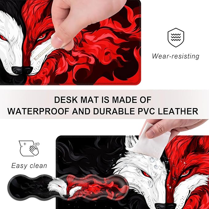 Mouse PadLarge Desk Mat Set 4in1 XL Mousepad + Keyboard Wrist Rest+Mouse Wrist Rest+Coaster with Ergonomic Desk Pad for Home Office Table Computer Cover -Wolf and Fox