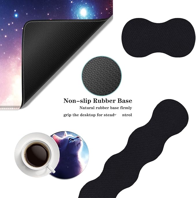 Mouse PadLarge Desk Mat Set 4in1 XL Mousepad + Keyboard Wrist Rest+Mouse Wrist Rest+Coaster with Ergonomic Desk Pad for Home Office Table Computer Cover -Cat Looking at Starry Sky