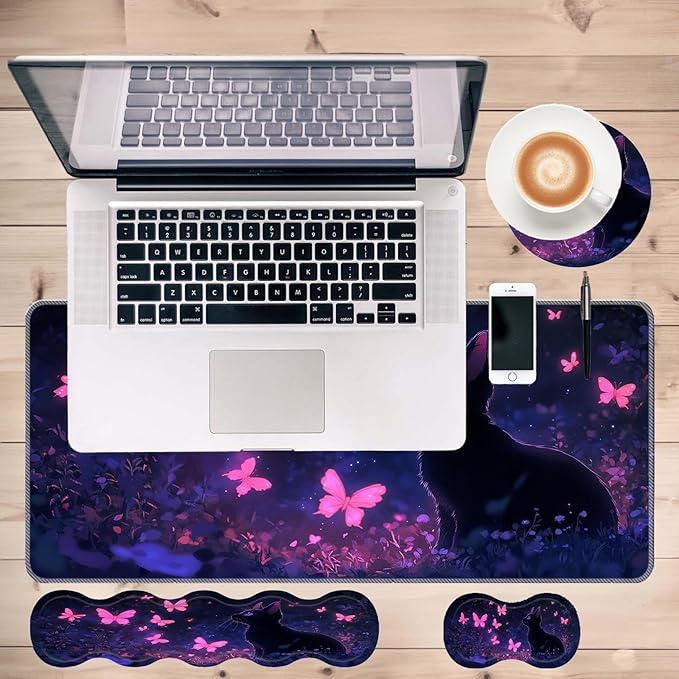 Keyboard Mouse Pad SetLarge Desk Pad+Keyboard Wrist Rest+Mouse Wrist Support+CoasterEasy Typing Pain Relief Non-Slip Wrist Support Mousepad Set Home OfficeCat and Butterflies