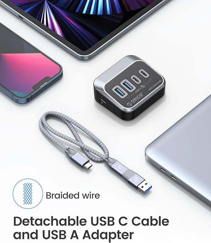ORICO USB Hub 10Gbps with 2 USB A Ports+2 USB C Ports USB 3.2 Gen 2 Hub with 1.64Ft USB-C Cable and USB-A Adapter USB Splitter for iMac MacBooks Mac mini