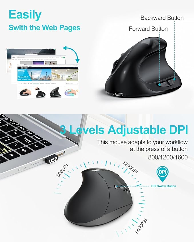 Lekvey Ergonomic Mouse Vertical Wireless Mouse for Small/Medium Hands Rechargeable with USB Receiver 3 DPI for Comfort Relieves Wrist Pain Carpal Tunnel Mouse for Laptop PC Computer Mac Black