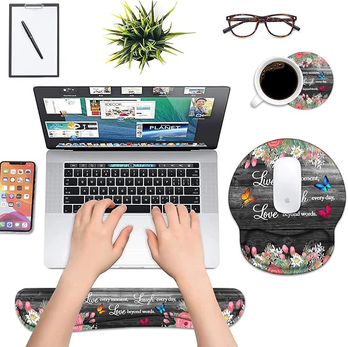 Keyboard Wrist Rest and Mouse Pad Wrist Support Set with Coasters Ergonomic Gaming Mousepad Non-Slip PU Base for Home Office Working Studying Easy Typing &amp Pain Relief Floral Quote Live Laugh Lo