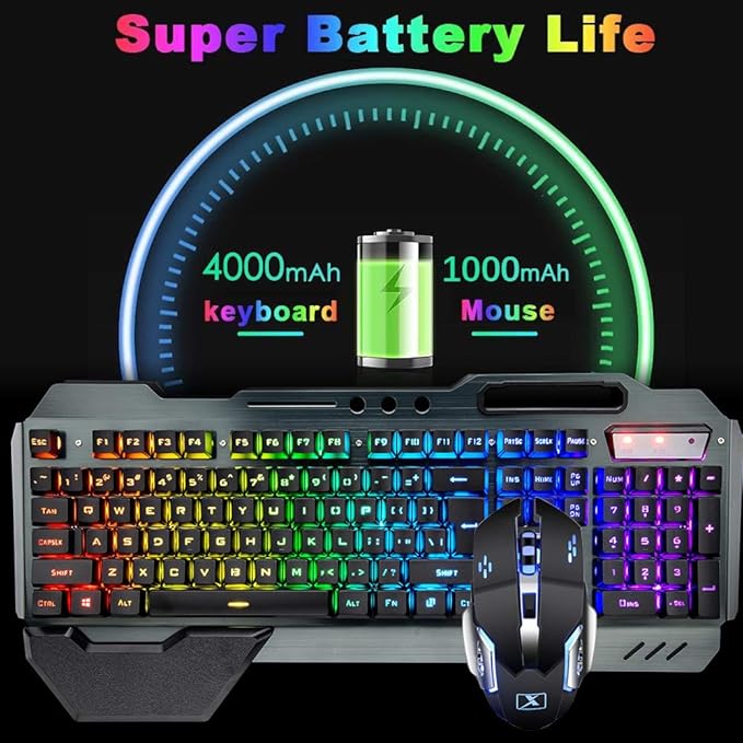 Wireless Gaming Keyboard and MouseRGB Backlit Rechargeable Keyboard Mouse with 5000mAh Battery Metal PanelRemovable Hand Rest Mechanical Feel Keyboard and 7 Color Gaming Mute Mouse for PC Gamer