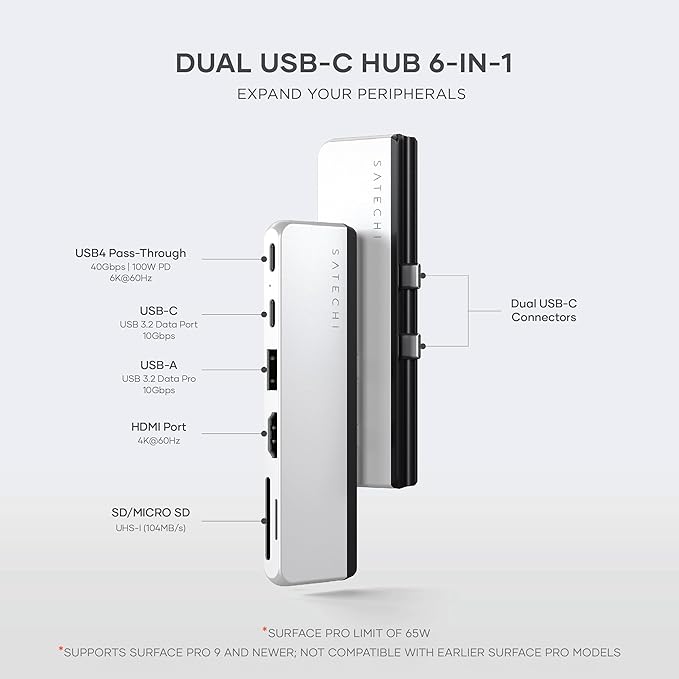 Satechi Dual USB-C hub for Surface Pro 11/10/9 Docking Station with 3.2 USB-A 4k/60Hz HDMI USB4 Pass-Through 3.2 USB-C UHS-I SD/TF Card