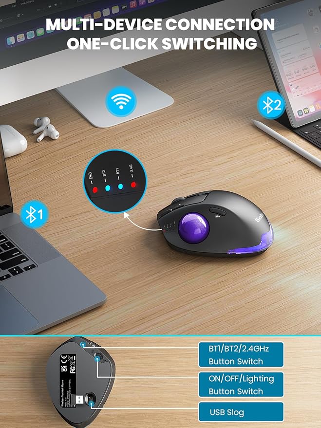 MAM1 Pro Wireless Trackball Mouse Ergonomic Bluetooth Rechargeable Computer Mouse Backlit Rollerball Thumb mice with 5 Level DPI Adjustable Angle 3 Devices Connection for PC Windows - Purple Ball