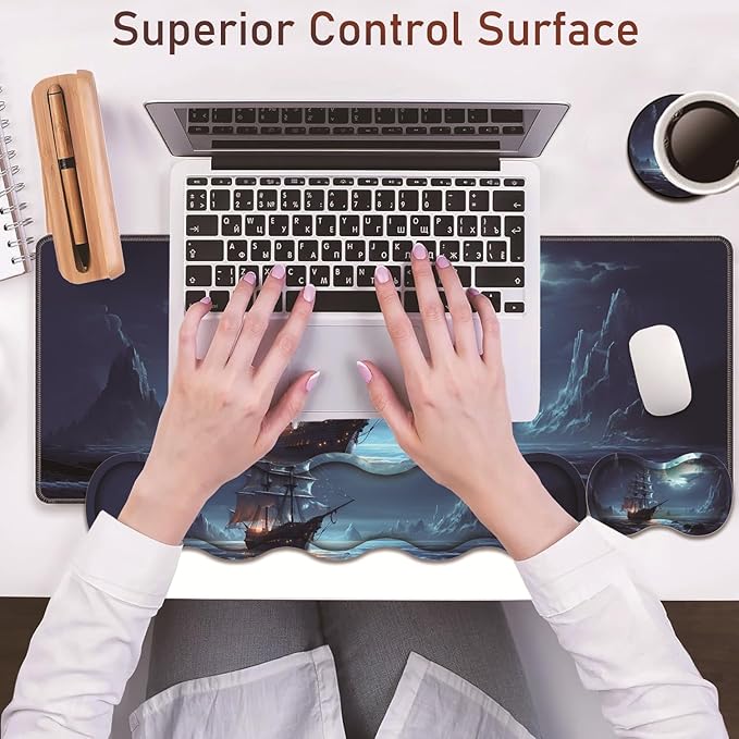 Large Gaming Table Pad 31.5 x 11.8 + Keyboard Wrist Pad + Mouse Wrist Pad + Coaster Non-Slip Base 4-in-1 Set Ergonomic Memory Foam Easy Typing Pain Relief Moon Ship Blue Sea