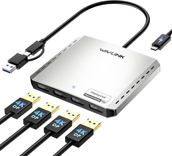 WAVLINK USB 3.0 or USB C to Quad Displayport Splitter Extended Display for Four Monitor with 85W PD Displaylink Adapter 4 DP 4K@120Hz for Apple Mac M1/M2/M3/M4 or Windows 10/11 USB A/C to DP 4K