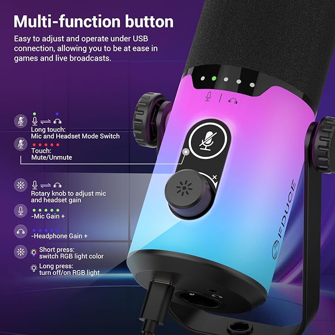 FDUCE Dynamic Gaming Microphone kit USB/XLR Podcast Computer Microphone with Boom arm Stand RGB Light Mute Button and Headphone Jack for Gamer Streaming Recording Studio YouTube Online Chat(D20+)