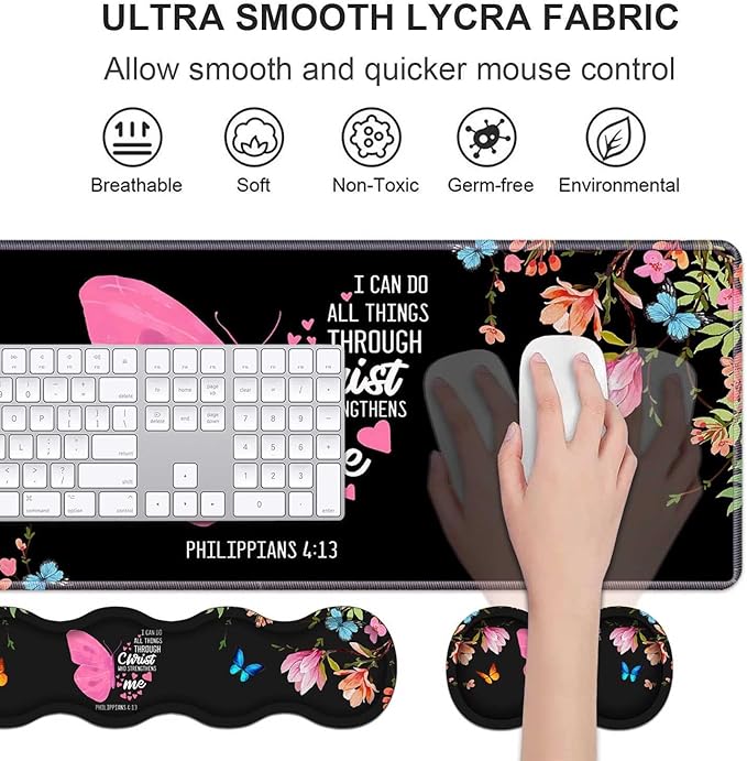 Ergonomic Keyboard Wrist Rest &amp Mouse Pad Wrist Rest SetFloral Butterfly Quote Bible Verse Philippians 4:13 Large Gaming Desk Mat 31.5x 11.8 with Memory FoamEasy Typing Pain Relief for Home Of