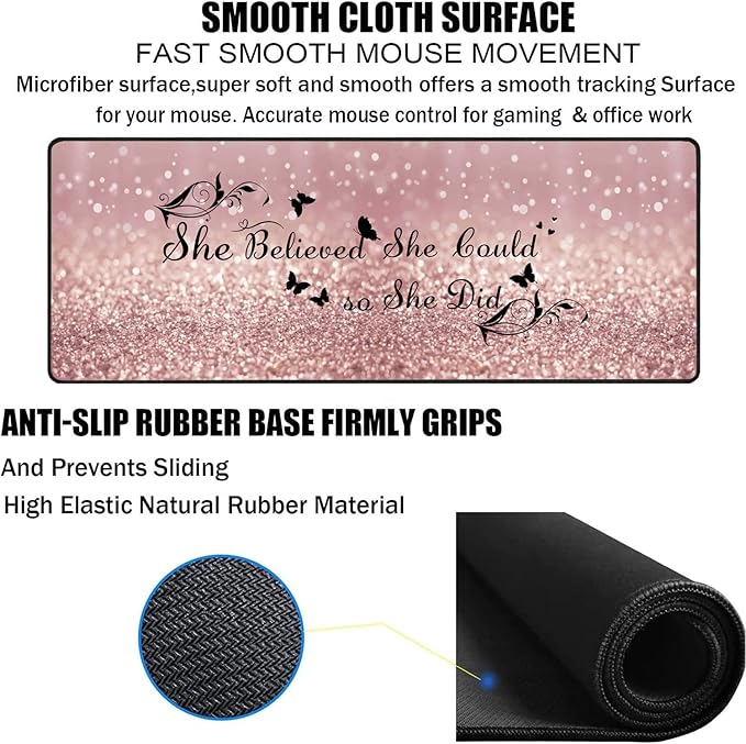 Large Gaming Mouse Pad Keyboard Wrist Rest pad + Mouse Wrist pad + Coaster Set Extended Waterproof Non-Slip Table mat Suitable for Home Office Learning Games - She Believed She Could So She Did