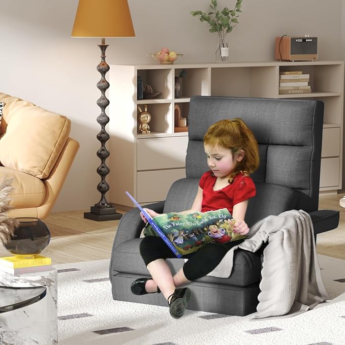 Floor Gaming Chair 6 Position Adjustable Indoor Chaise Lounge Chair for Teens Adults Padded Folding Meditation Sofa Chair with Armrests and Pillow Comfy Chair for Teens Adults Pets - Black
