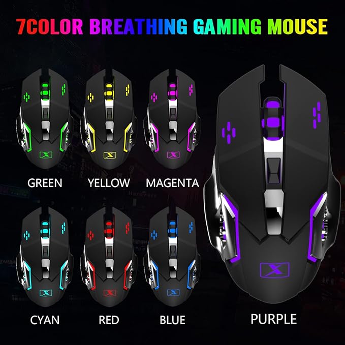 Wireless Gaming Keyboard and Mouse ComboRainbow LED Backlit Keyboard with Rechargeable 3800mAh Battery Metal PanelRemovable Wrist Rest Mechanical Feel and 7 Color Mute Gaming Mice for PC PS4 PS5
