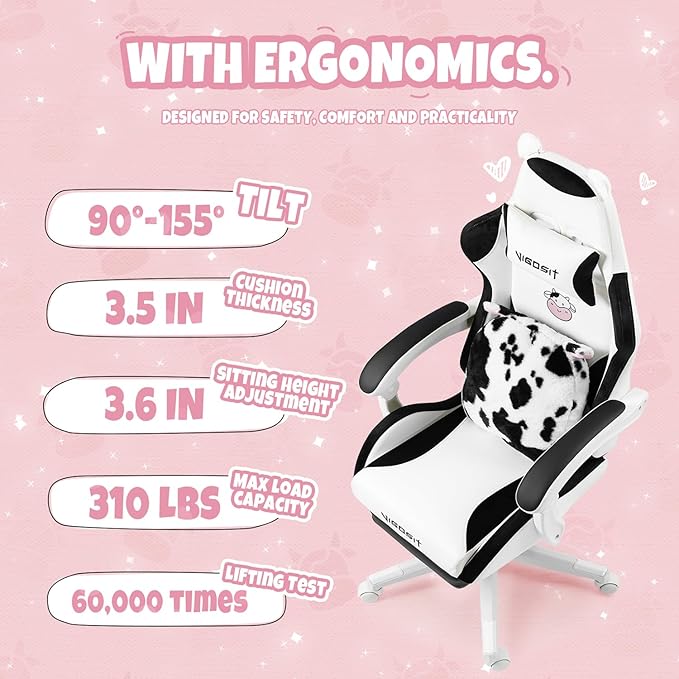 Gaming Chair with Cute Ears &amp Cow Lumbar Pillow Ergonomic Racing Style Computer Chair with Footrest Reclining High Back PU Leather Video Gamer Chairs for Girls &amp Kids &amp Adults (White+Bla