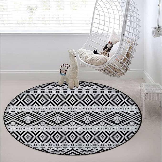 Black and White Round RugCircle RugFarmhouse Distressed Non Slip Area Rug Round Rugs for Living Room Kitchen Bedroom Bathroom Geometric Design Triangles Squares Diameter 39.4 in