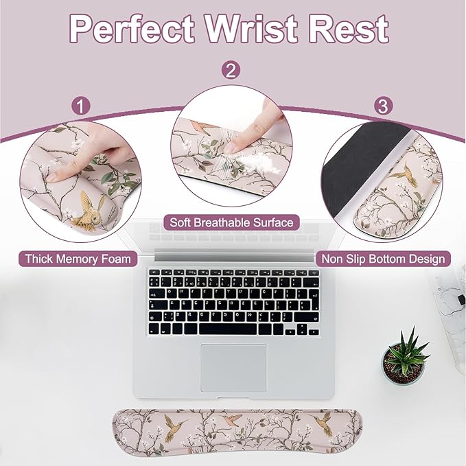 MEGREZ 4-in-1 Ergonomic Memory Foam Wrist Rest Set Desk Pad Mouse Pad with Wrist Rest Keyboard Pad Suitable for Office Workers Programmers &amp Gamers–Relieve Typing &amp Gaming Fatigue Light