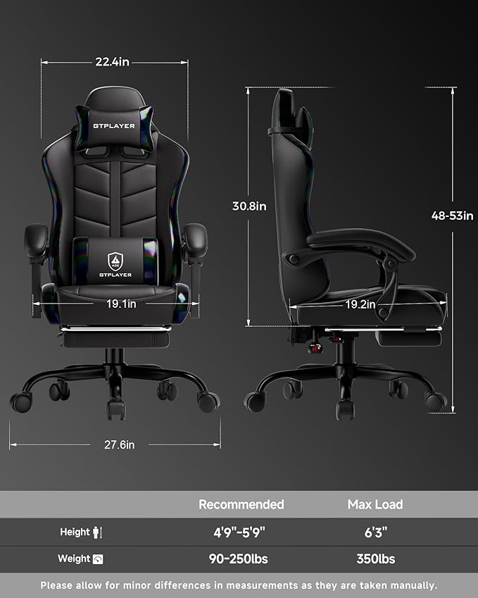 GTPLAYER Gaming Chair for Adults Ergonomic Computer Gaming Chair with Footrest Height Adjustable 90-155° Recline &amp Removable Headrest Lumbar Support Colorful Black