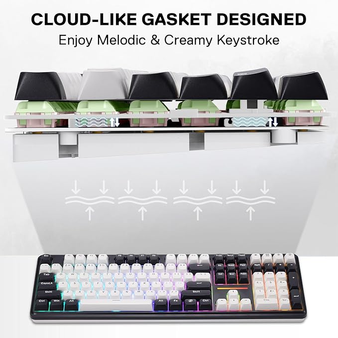 Redragon K745 PRO Wireless Gasket RGB Gaming Keyboard 108 Keys Mechanical Keyboard w/Extra 4 Hotkeys Hot-Swap South-Facing LED Socket 5-Layer Noise Dampening Round PBT Keycaps Mint Mambo Switch