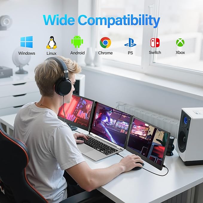Laptop Screen Extender 14.2 FHD 1080P Triple Portable Monitor for Laptop with Smart Adjustment Button USB-C/HDMI Plug and Play Monitor Extender for Wins/Mac/Android/Switch Fit 13-17 Laptops