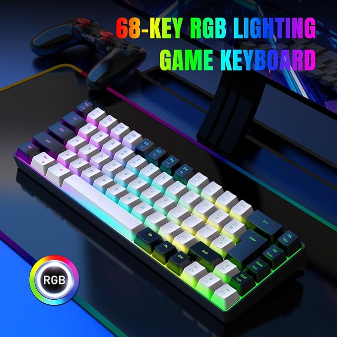 Membrane Wired Gaming Keyboard RGB Backlit Membrane Gaming Keyboard 68 Keys Linear Mechanical Feel Keyboard Ergonomic USB Computer Keyboard for Office Home Game (Black and