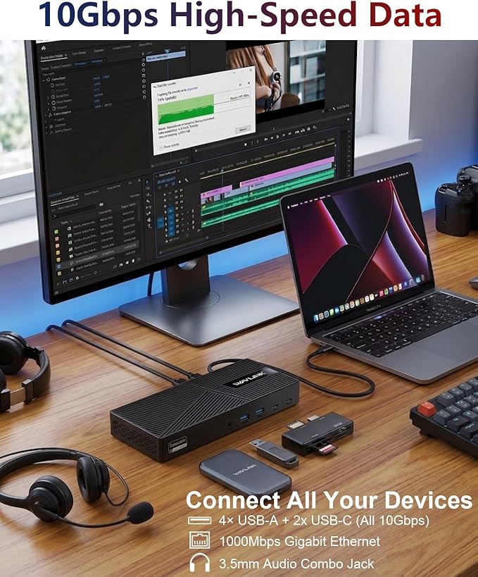 WAVLINK USB-C Triple Monitor Docking Station for MacBook M1/M2/M3/M4/M5 &amp Windows – 100W PD 3×HDMI/2×DisplayPort 6x10Gbps USB Ports Gigabit Ethernet Ideal for Workstation &amp Home Office