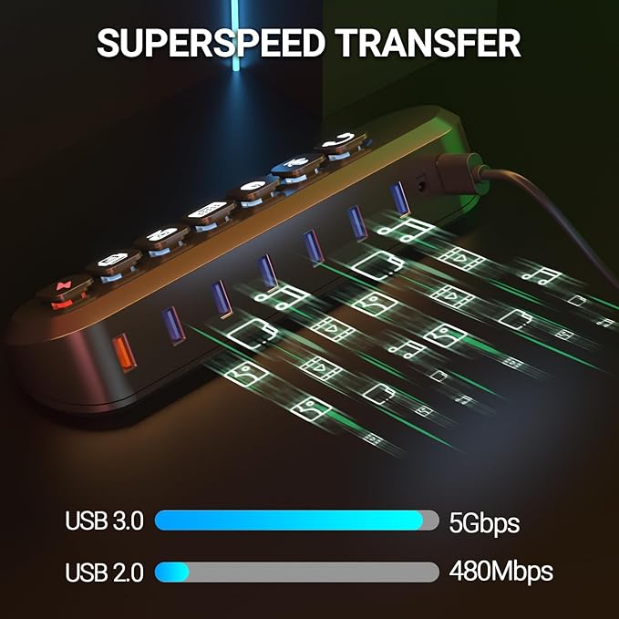 Powered USB Hub atolla 7-Port USB 3.0 hub (6 Superspeed Transfer Ports+ 1 Fast Charging Port) with Swappable Illuminated Icon Switch and 12V/3A Power Adapter for Windows MacOS ChromeOS Linux