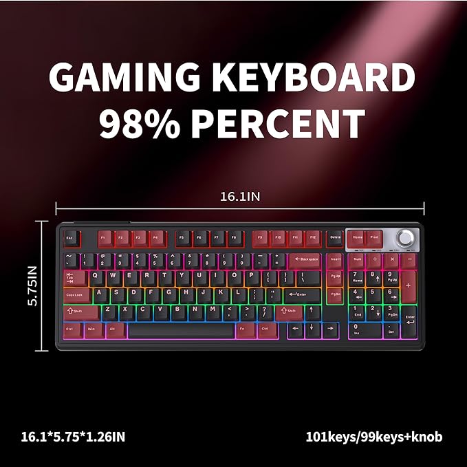 98% Wireless/Wired Membrane Keyboard for Gaming/Officewith knob4000mAh BatteryBT5.0/2.4G/USB-CRGB Backlit PBT KeycapsCompatible with PC/MacBonus Keycaps 2 Sets(8 Each)Computer Keyboard