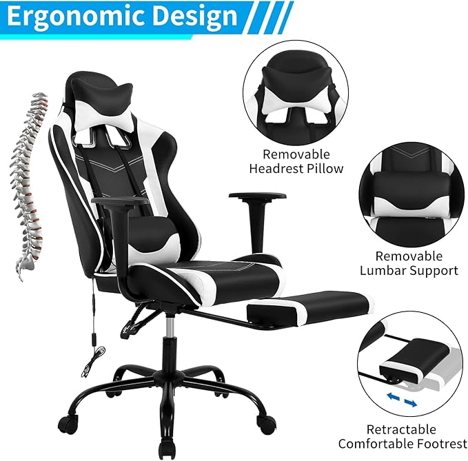 BLKMTY Massage Gaming Chair with Footrest Ergonomic Office Chair Racing Computer Chairs PU Leather with High Back Lumbar Support Headrest Reclining Chairs White