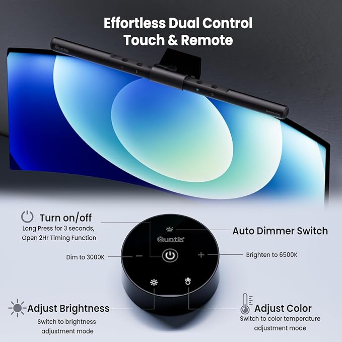 Quntis Computer Monitor Lamp Screen Monitor Light Bar for Eye Caring USB Reading LED Task Lamp with Auto-Dimming Dimmable Light Bar Touch Control No Glare Space Saving Home Office Desk Lamps