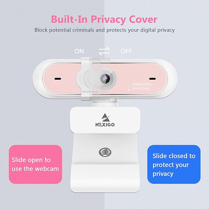 NexiGo N660P 1080P 60FPS Webcam with Software Control Dual Microphone &amp Cover Autofocus HD USB Computer Web Camera for OBS/Zoom/Skype/FaceTime/Teams/Twitch Pink